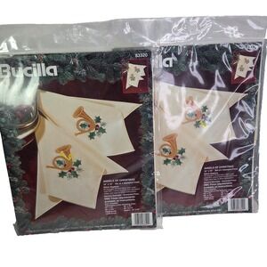 Bucilla Xmas Stamped Cross Stitch Napkins Set 8 Music Holly 13x13 Poly Blend New